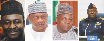 L-R: Adamawa Governor, Bala Ngilari, Yobe State Governor, Ibrahim Gaidam, Borno State Governor, Kashim Shettima and Chief of Defense Staff, Major Gen Alex Badeh