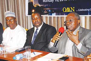 From left: OAAN Vice President, Danladi Yaro; President, Charles Chijide; and Ademulegun at a press conference on the Poster Awards in Lagos.