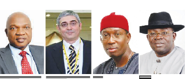 Shell Nigeria Managing Director, Osagie Okunbor, Agip Nigeria Managing Director, Insula Massimo, Okowa and Dickson
