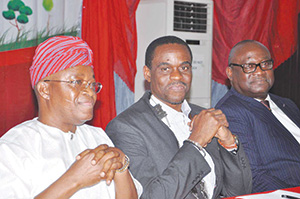 From left: Gboyega Oyetola, Chief of Staff to Osun State governor; Nwosu; and Udeme Ufot, Chairman Chairman; at the AGM.