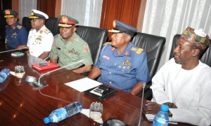 From Left: Chief Of Air Staff, Avm Sadique Abubakar; Chief Of Naval Staff, Rear Admiral Ibok-Ete Ekwe Iba; Chief Of Defence Staff, Maj.-Gen. Abayomi Olonisakin; Chief Of Defence Intelligence, Avm Morgan Riku And The National Security Adviser (NSA), Retired Maj.-Gen. Babagana Mongunu.