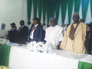 Nasarawa State Governor, Tanko Al'Makura (middle) and Chief Judge of Federal High Cout of Nigeria, Justice Ibrahim Auta (left) and Speaker Nasarawa State House Assembly, Ibrahim Balarabe during the opening of Judges' Conference in Lafia, Nasarawa State, recently