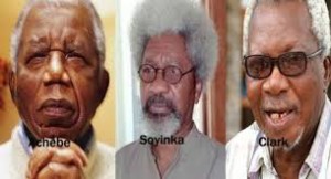 Prof Achebe with contemporary writers, Professors Wole Soyinka, Nobel laureate, and J. P. Clark