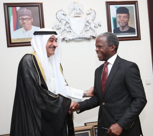 Kuwaiti Ambassador to Nigeria, H.E. Dr. Abdulaziz Al-sharrah, in a handshake with H.E. Vice President Prof. Yemi Osinbajo SAN during a courtesy visit to the Office of the Vice President, Presidential Villa, State House Abuja Fri. 19 Aug 2016
