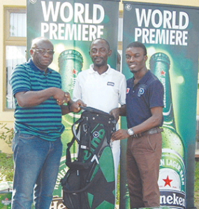 L-R: Public Affairs Manager, South Region, Nigeria Breweries Plc., Isaac Nwabuzor; overall winner of the Heineken-sponsored SPG Open, Kalio Isoboye; and the Assistant Brand Manager. Heineken, Kolawole Akintimehin; during the awards presentation at the golf golf tourney at the Le Meridien Ibom Golf resort Uyo.