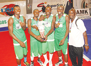 Nigeria Senior Male Team, winner of FIBA Zone 3, 3x3  tournament with their trophy. Photo by DStv