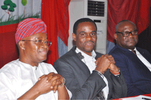 From left: Gboyega Oyetola, Chief of Staff to Osun State governor; Nwosu; and Udeme Ufot, Chairman Chairman; at the AGM.