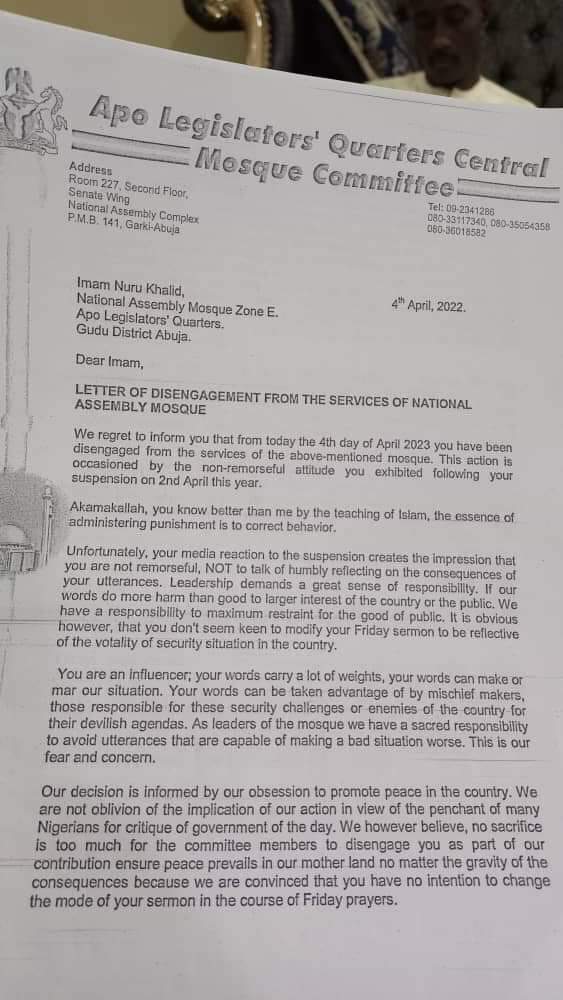 BREAKING: Suspended Abuja Chief Imam, Sheikh Khalid, finally sacked for telling Buhari the truth