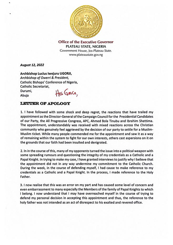 APOLOGY-LETTER BREAKING: APC Campaign Council DG, Lalong, apologises over Pope comment