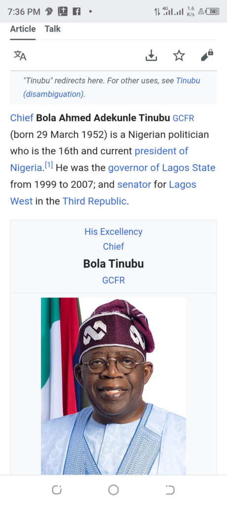 Tinubu's Wikipedia page edited, Adekunle added to match name on NYSC certificate